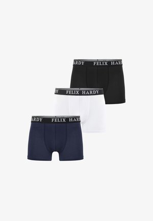 Drei Paare Boxershorts in Marineblau, Weiß und Schwarz. Hergestellt aus Baumwolle und ausgestattet mit einem weichen elastischen Bund mit dem Logo "FELIX HARDY".