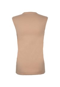 Ärmelloses beiges Rundhals-Shirt, von hinten gezeigt, mit glattem Stoff und schlichtem Design.