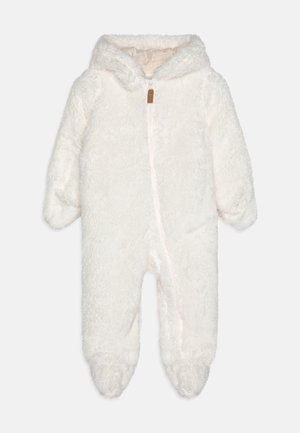 Body per neonato in pile bianco con cappuccio, cerniera frontale e design con piedi coperti. Texture morbida, senza motivi o dettagli visibili.