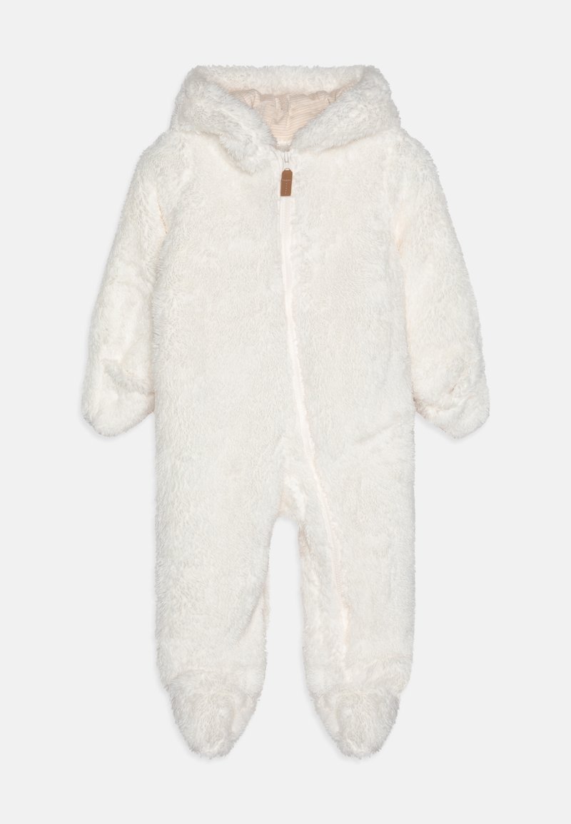 Body blanc en polaire pour bébé avec capuche, fermeture éclair à l'avant et pieds couverts. Texture douce, sans motifs ni accents visibles.