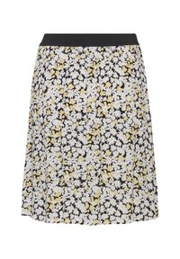 Bloemrok met een zwarte achtergrond, met witte en gele bloemen. Elastische tailleband en geplooid ontwerp. Lichte stoftextuur.