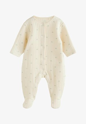Cream-colored baby onesie with ribbed texture, featuring a green rainbow pattern and snap closure along the front and legs.