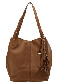 Sac à bandoulière en cuir marron avec double sangle et un détail pampille suspendu sur un côté.