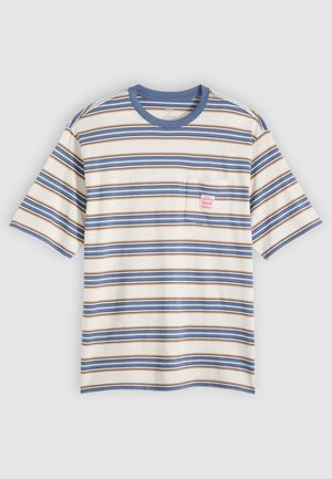 Short-sleeve beige T-shirt with blue and brown horizontal stripes, crew neck, chest pocket, and pink label on pocket.