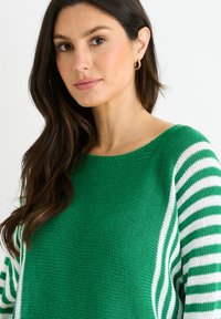 Grüner Strickpullover mit horizontalen weißen Streifen an den Ärmeln. Rundhalsausschnitt und strukturierter Stoff. Mit Rippdetails akzentuiert.