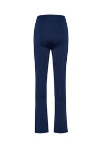 Marina blå stretchleggings med en åtsittande midja och utsvängda ben, tillverkade av ett mjukt, andningsbart tyg, med en sömlös baksida.