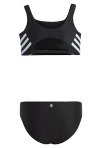 Completo da bagno nero composto da un top in stile reggiseno sportivo con spalline larghe e dettagli a righe bianche, abbinato a pantaloni neri a vita alta.