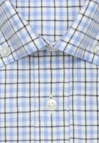 Camicia a quadri blu e bianca con colletto button-down, bottoni bianchi e un tessuto morbido e leggero con un motivo a griglia.