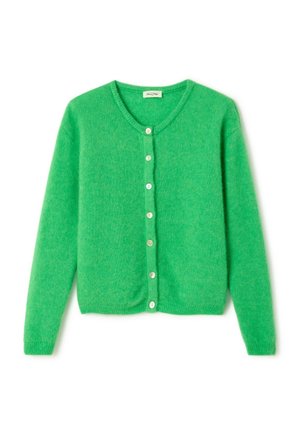 Vihreä pörröinen neuletakki, joka on valmistettu pehmeästä kankaasta. Siinä on pyöreä pääntie, pitkät hihat ja kuusi valkoista nappia edessä.