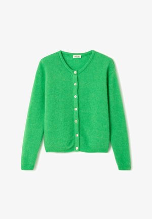 Vihreä pörröinen neuletakki, joka on valmistettu pehmeästä kankaasta. Siinä on pyöreä pääntie, pitkät hihat ja kuusi valkoista nappia edessä.