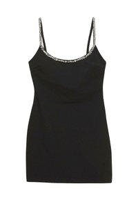 Black sleeveless dress with a fitted design, textured fabric, and embellished straps featuring small, shiny accents along the neckline.