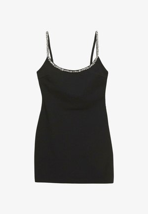 Abito nero senza maniche con un design aderente, tessuto testurizzato e spalline decorate con piccoli accenti lucenti lungo lo scollo.
