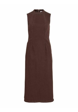 Robe midi marron foncé sans manches avec col montant et détails de coutures apparents, fermeture éclair au dos.