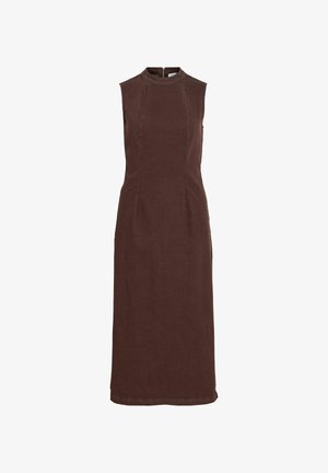 Robe midi marron foncé sans manches avec col montant et détails de coutures apparents, fermeture éclair au dos.
