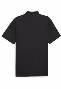 Čierna polo košeľa, krátky rukáv, mäkká tkanina, typický dizajn goliera, hladká textúra, na chrbte bez viditeľných vzorov alebo akcentov.