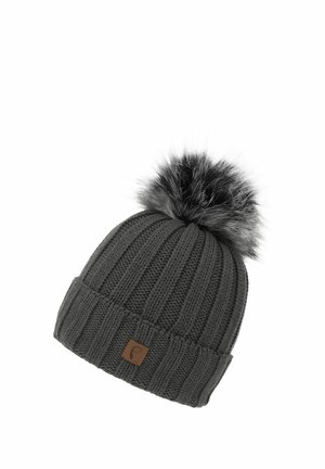 Dark gray ribbed knit winter hat with a folded brim and a large fluffy pom-pom on top.