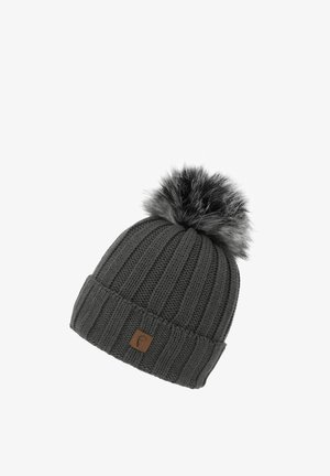 Dunkelgraue, gerippte Strick-Wintermütze mit umgeschlagenem Rand und großem, flauschigem Bommel oben.