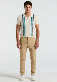 Poloshirt in crème met groene en marineblauwe verticale strepen, korte mouwen en een kraag. Gecombineerd met beige broek en witte sneakers.