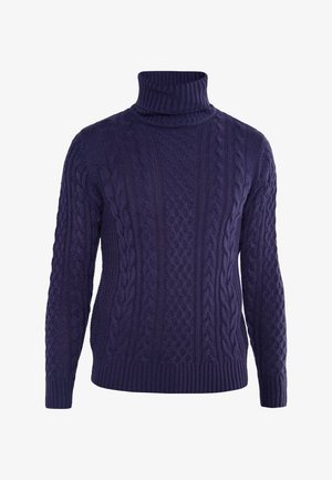 Donkerpaarse kabelgebreide coltrui met lange mouwen, voorzien van geribde manchetten en onderrand, textuurpatronen en een strakke halslijn.