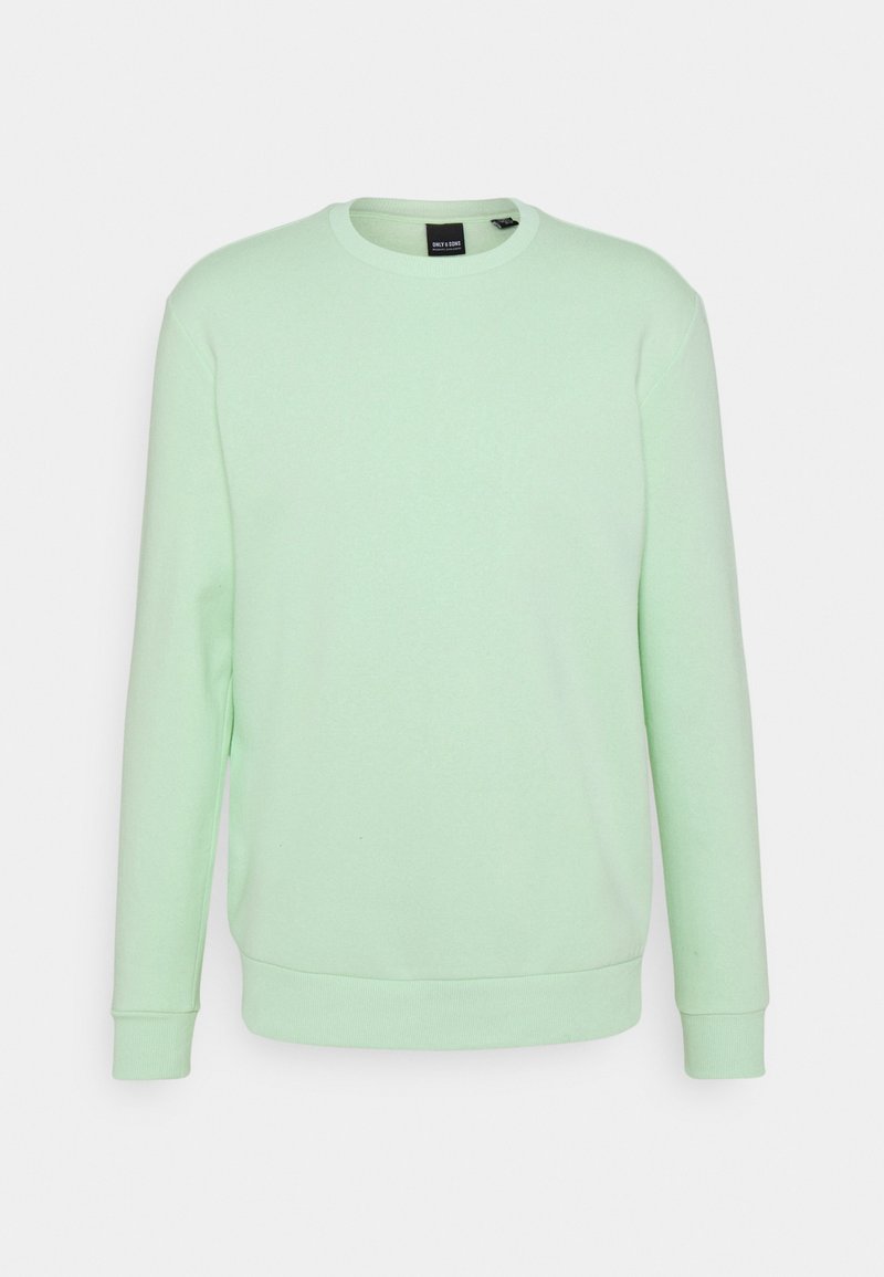 Sudadera verde claro de mezcla de algodón, con cuello redondo, mangas largas y puños y dobladillo de canalé. Textura suave sin patrones.