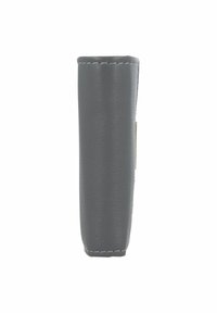 Grey leather sleeve with a textured finish, vertical design, and white stitching. Features a small metallic tag on the side.