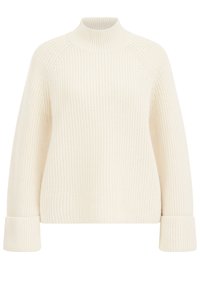 Pletený svetr krémové barvy s vysokým límcem, žebrovanou strukturou a širokými manžetami. Má volný střih a raglánové rukávy pro pohodlí.