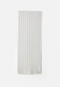 White knitted scarf featuring a ribbed texture on one side and a cable knit pattern on the other, with a small brown brand tag.