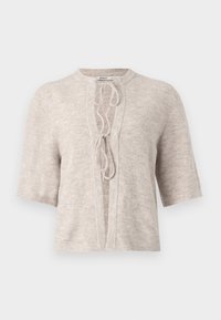 Hellbeige gestrickte Strickjacke mit kurzen Ärmeln, offenen Vorderteil und einer Schnürung am Ausschnitt. Weicher Stoff, lässiges Design.
