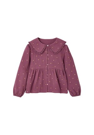 Lila Langarmbluse mit goldenen Polka-Dots, Knopfleiste vorne, geraffter Taille, elastischen Bündchen und einem breiten spitzenbesetzten Kragen.