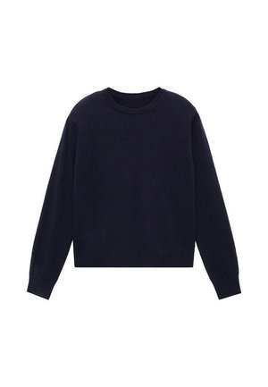 Sweatshirt court bleu marine avec manches longues, col rond, bords-côtes aux poignets et à l'ourlet. Le tissu semble lisse et léger.