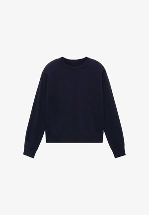 Navy blue cropped sweatshirt with long sleeves, round neckline, ribbed cuffs, and hem. Fabric appears smooth and lightweight.