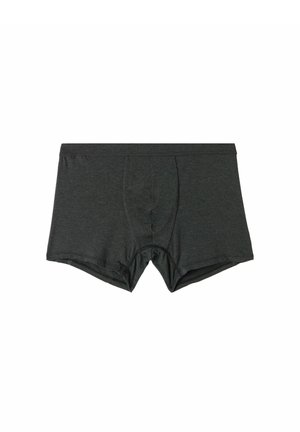 Dunkelgraue Herren-Boxershorts aus weichem Material, mit einem Vorderpouch und elastischem Bund, in einer einfachen, glatten Textur.
