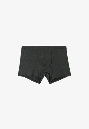 Donkergrijze heren boxer shorts van zacht stof, met een voorkantzak en elastische tailleband, met een eenvoudige, gladde textuur.