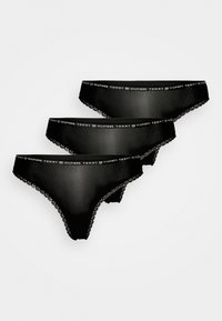 Zwart ondergoedset met kantafwerking. Bevat een elastische tailleband met logo en heeft een gladde textuur. Bestaat uit drie paar in een driehoekige vorm.