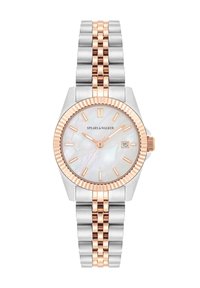Reloj de acero inoxidable en plata y oro rosa con una esfera redonda de nácar, marcadores de horas distintivos y una ventana de fecha a las tres en punto.
