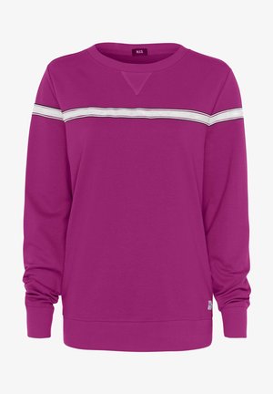 Fuchsia sweatshirt with long sleeves, round neckline, and a horizontal white stripe accented with black at the chest. Soft cotton material.