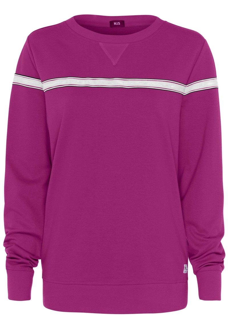 Sudadera fucsia de mangas largas, con cuello redondo y una franja horizontal blanca acentuada con negro en el pecho. Material de algodón suave.