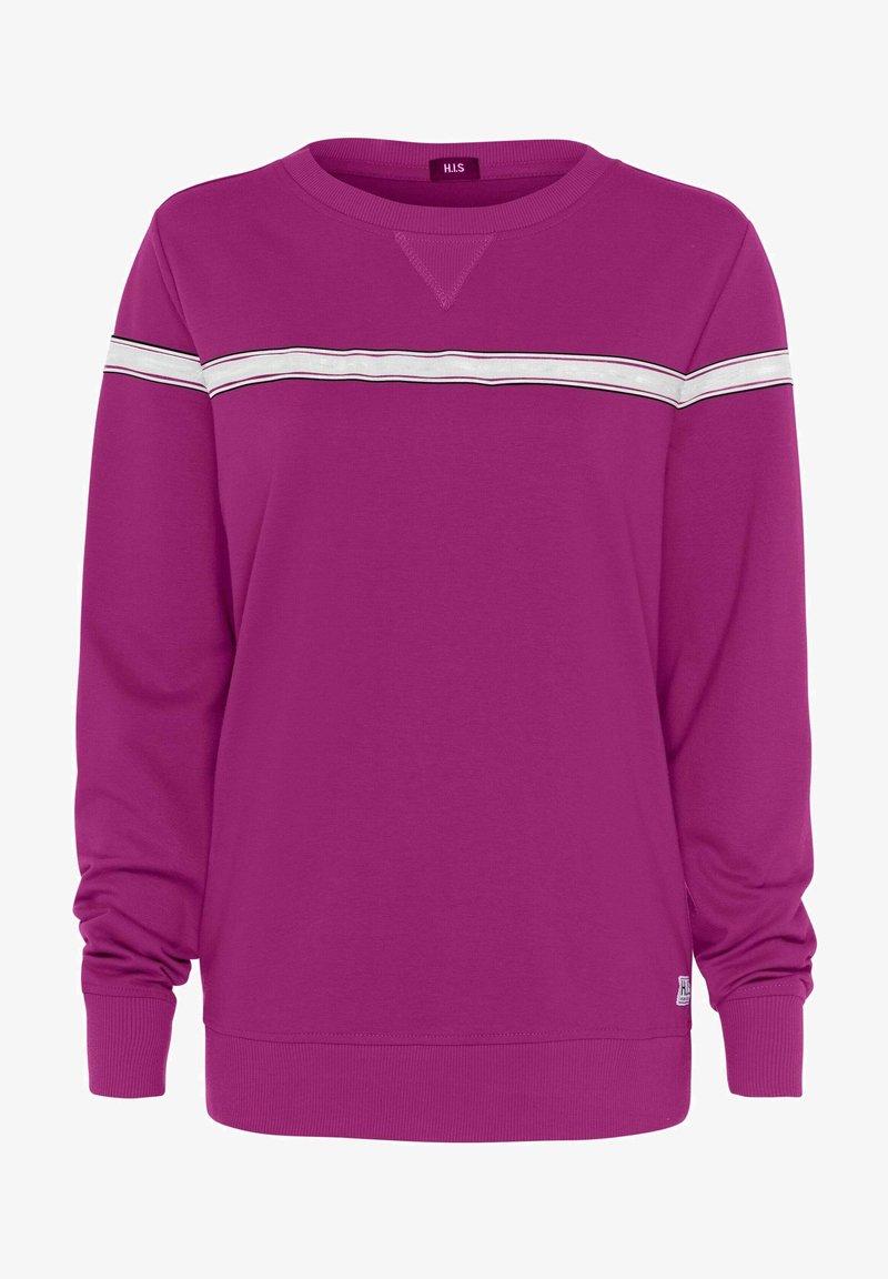 Sudadera fucsia de mangas largas, con cuello redondo y una franja horizontal blanca acentuada con negro en el pecho. Material de algodón suave.