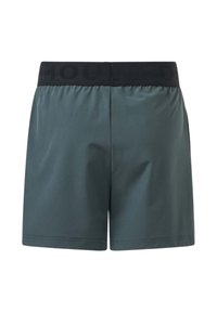 Shorts de sport vert foncé avec une large ceinture élastique noire comportant un texte discret, montrés de dos sur un fond blanc.