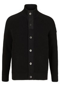 Cardigan noir en maille avec col montant, manches longues et six boutons argentés sur le devant.