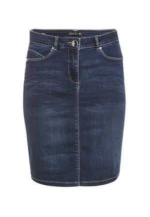 Gonna in denim blu scuro con silhouette aderente, cucitura centrale anteriore, chiusura con bottoni e due tasche frontali. Dettaglio di cucitura a contrasto.