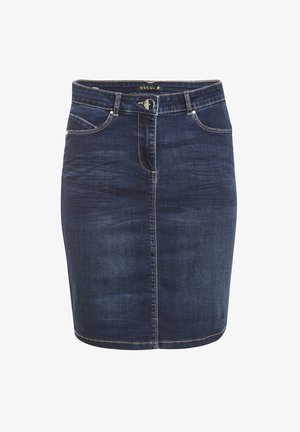 Gonna in denim blu scuro con silhouette aderente, cucitura centrale anteriore, chiusura con bottoni e due tasche frontali. Dettaglio di cucitura a contrasto.