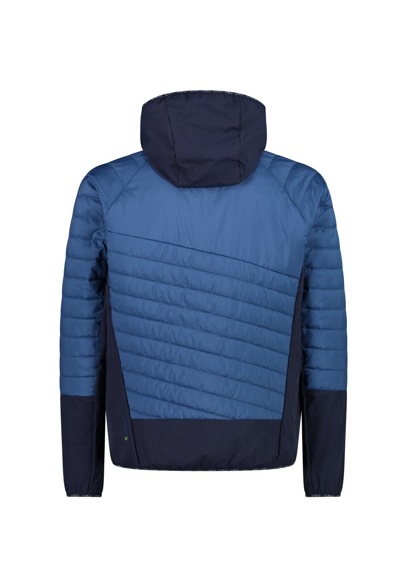 Männerblau und marineblaue gesteppte Jacke mit Kapuze, von hinten gezeigt, mit diagonalen und horizontalen Nähmustern.