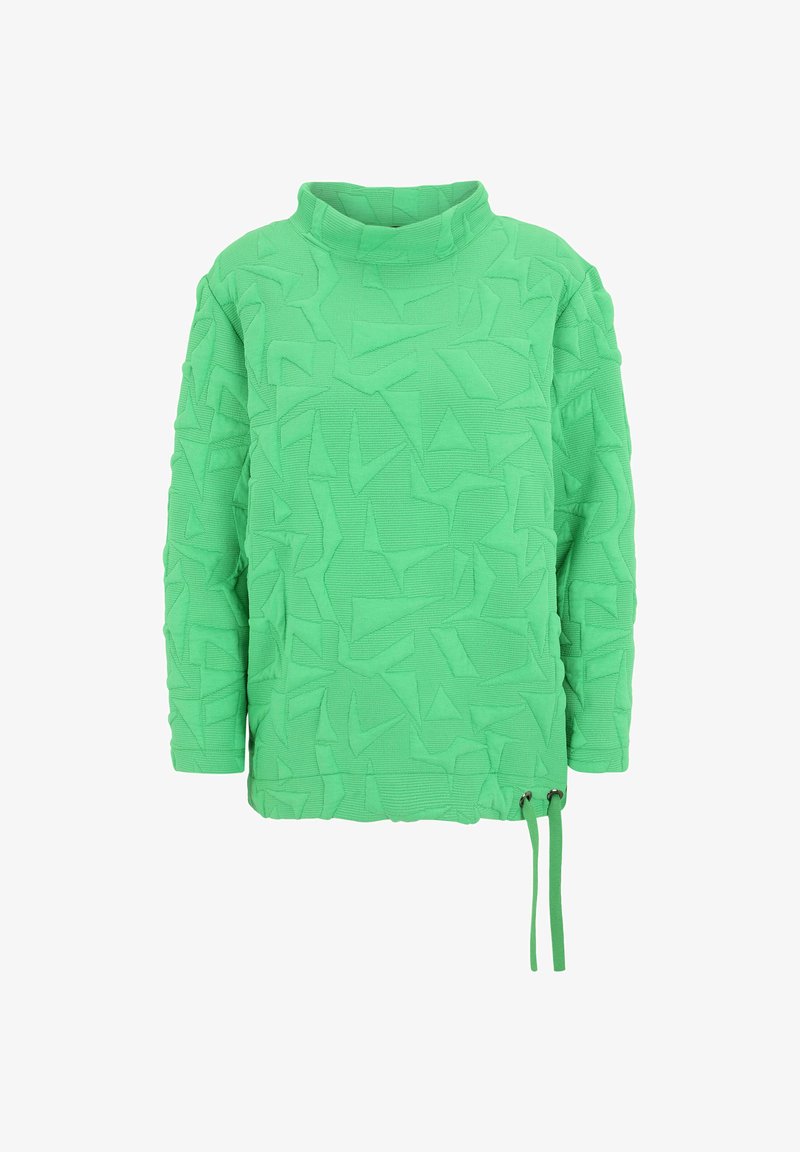 Green pullover with a high neck, textured fabric, and abstract triangle pattern. Features side drawstrings for adjustment and long sleeves.