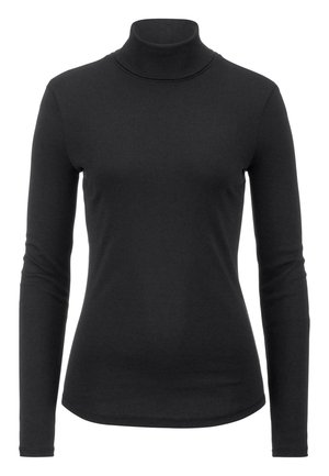 Top negro de manga larga y cuello alto hecho de tejido suave y elástico. Presenta un diseño ajustado y una textura suave con un escote alto.