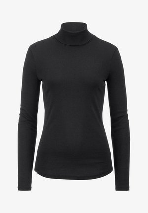 Top negro de manga larga y cuello alto hecho de tejido suave y elástico. Presenta un diseño ajustado y una textura suave con un escote alto.