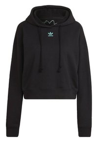 Svart kortärmad hoodie i blandning av bomull. Har en dragsko i huvan och en turkos adidas-logotyp på bröstet. Slät textur och långa ärmar.