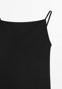 Black sleeveless top with thin spaghetti straps and a straight neckline on a plain white background.