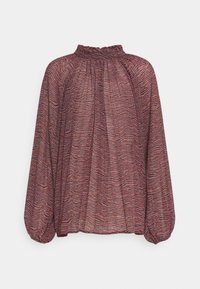 Rote und lila Bluse mit langen Ärmeln und hohem Kragen, die ein wellenförmiges Muster sowie geraffte Details an den Schultern und Manschetten aufweist.