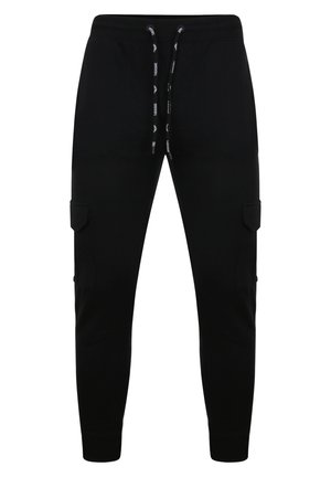 Black joggers made of soft fabric, featuring an elastic waistband with drawstrings, side pockets, and tapered cuffs at the ankles.